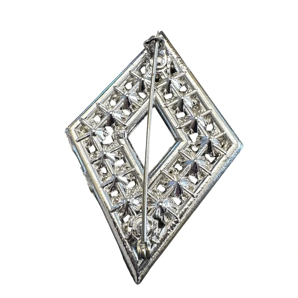 VTG Aurora Borealis Silvertone Brooch Diamond Shape‎ AB Rhinestone Pin 1950s MCM